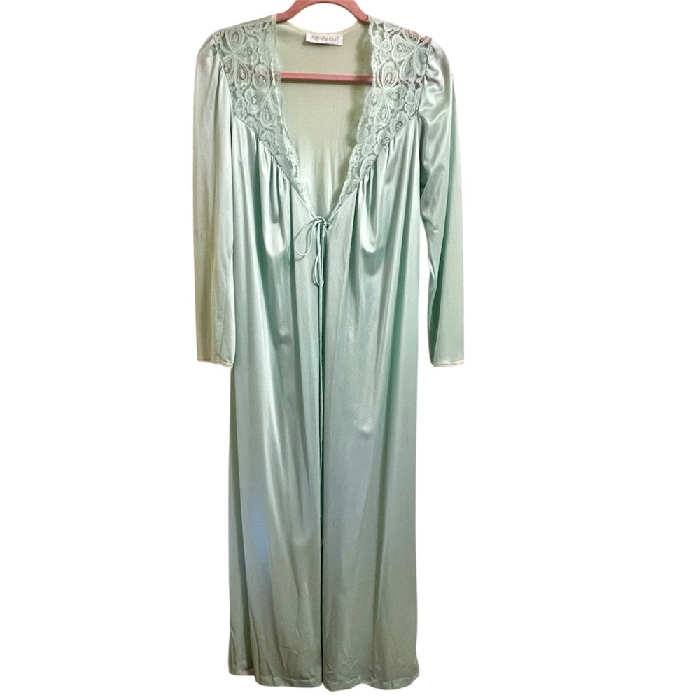 Vintage 70s 80s Elegant Blue Green Satin Long Robe Lace Accents USA Made Medium